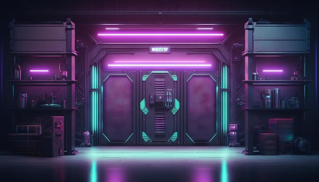 Vibrante laser al neon viola e blu incandescente su un futuristico palcoscenico SciFi Generativo ai