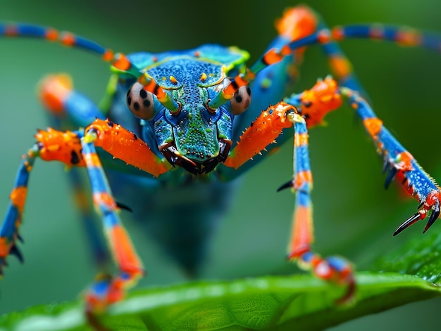 Vibrante macrofotografia di un colorato ragno spinoso su una foglia verde nell'habitat naturale