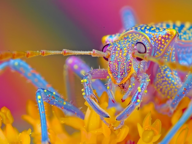 Vibrante macrofotografia di una colorata cavalletta macchiata su fiori vivaci nell'habitat naturale