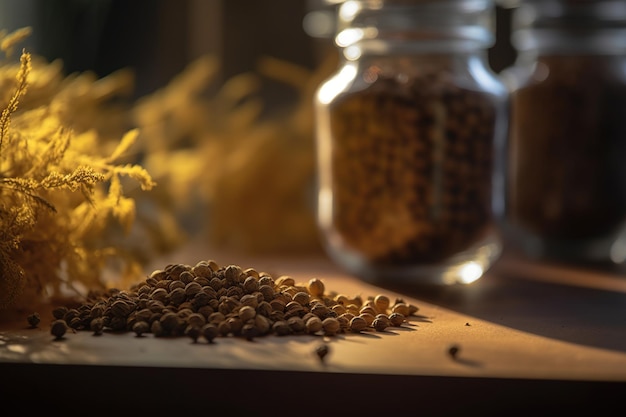 Vibrante miscela di spezie Foto di una manciata di semi di cumino e curcuma ricchi di sapori aromatici