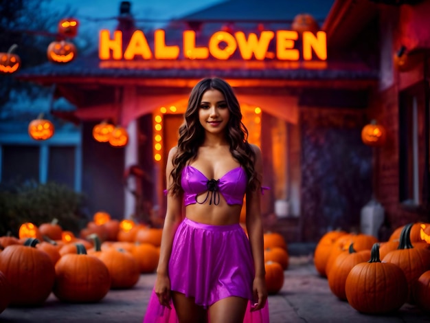 Vibrante notte di Halloween, donne calde e magia al neon