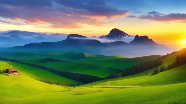 Vibrante paesaggio estivo con lussureggiante campo di erba verde e cielo blu