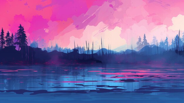 Vibrante pittura digitale di cielo rosa e foresta con acque calme