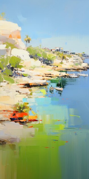 Vibrante pittura impressionistica sulla spiaggia con barche e specchi