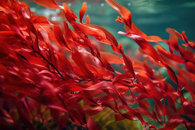 Vibrante primo piano di alghe rosse che ballano sotto l'acqua