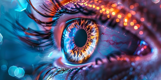 Vibrante primo piano di un occhio umano in alto dettaglio perfetto per uso medico bellezza e tecnologia catturati in colori vividi immagine creativa e sorprendente AI