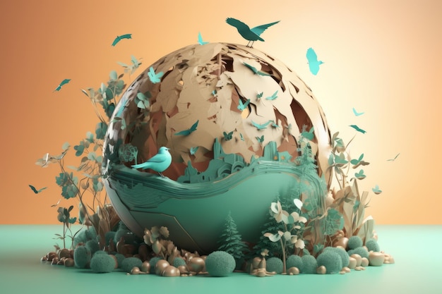 Vibrante rendering 3D della Terra con piante e uccelli in volo