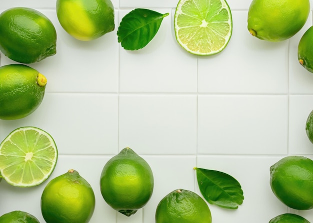 Vibrante rinfresco di agrumi lime e foglie verdi decorazione su uno sfondo di piastrelle bianche per freschi sapori estivi in cucina