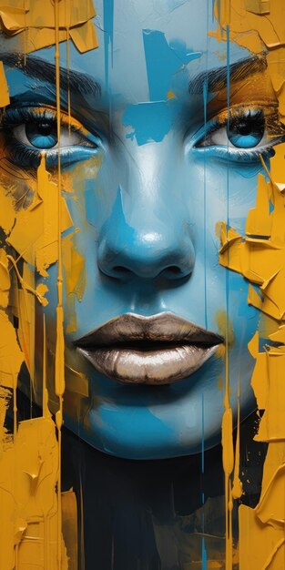 Vibrante ritratto di arte urbana di una donna con viso giallo e toni blu generato dall'intelligenza artificiale