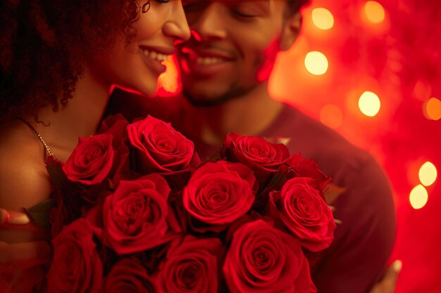 Vibrante romanticismo rose rosse e coppia sorridente