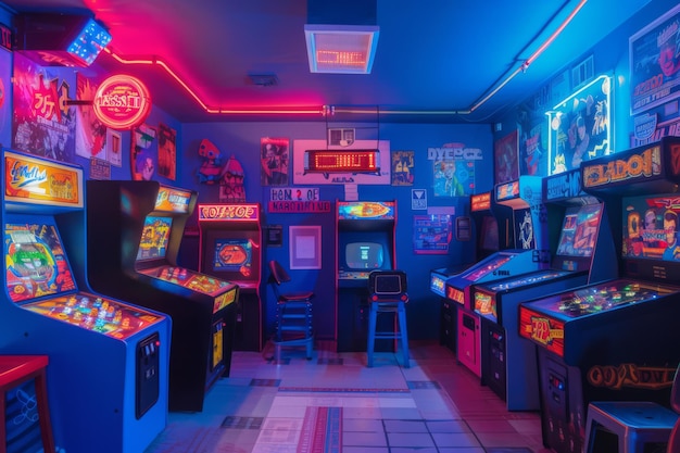 Vibrante sala giochi retrò con macchine classiche sotto luci al neon