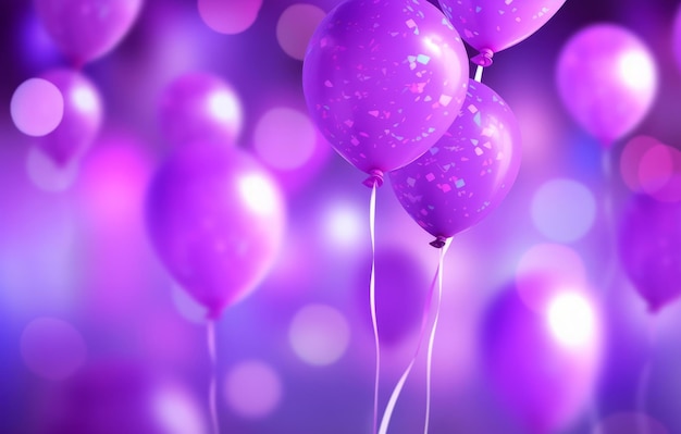 Vibrante scena di festa con palloncini viola e sfondo bokeh creata utilizzando l'intelligenza artificiale generativa