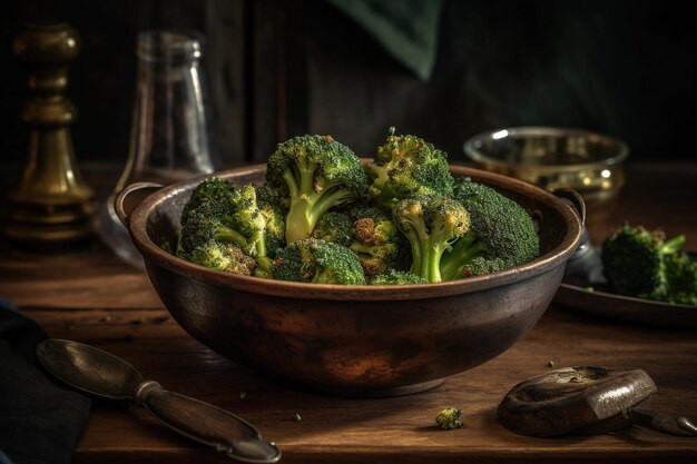 Vibrante studio delizioso una ciotola di broccoli arrostito illuminata una delizie sana