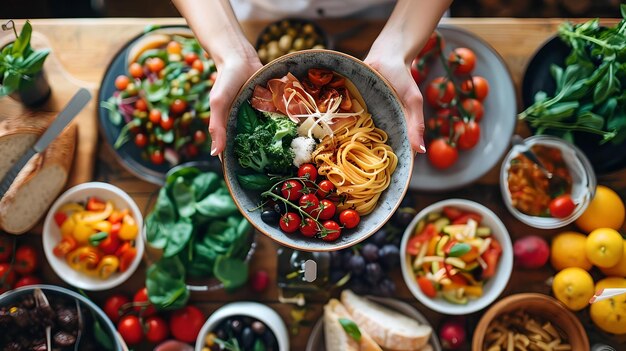 Vibrante tavola di cibo fresco con le mani che servono la ciotola di pasta alimentazione sana e cucina stile di vita vista ad alto angolo della preparazione di pasti colorati AI