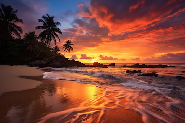 Vibrante tramonto sulla spiaggia tropicale sabbiosa AI generativa