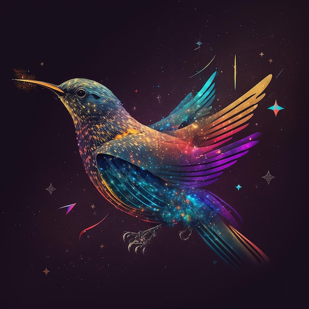 Vibrante uccello psichedelico colorato che vola immagine sfondo scuro AI immagine generata