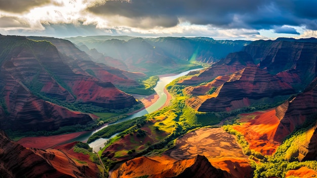 Vibrante vista aerea del Waimea Canyon sull'isola di Kauai bagnata dalla calda luce solare Perfettamente naturale