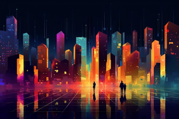 Vibrante vita notturna in città Illustrazione astratta variopinta della gente moderna IA generativa