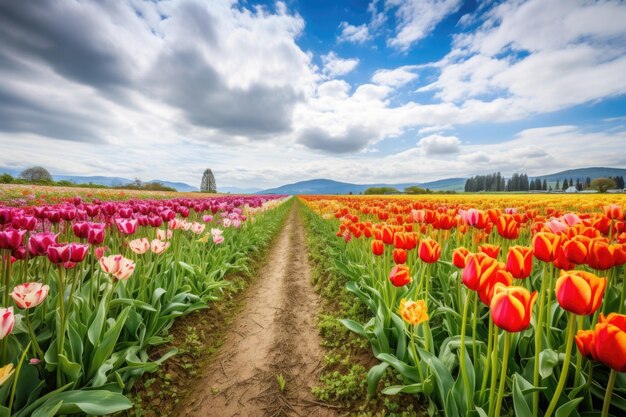 Vibranti campi di tulipani con cielo nuvoloso sullo sfondo creati con l'IA generativa