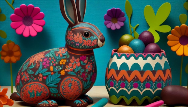 vibranti colori primaverili in stile arte popolare decorazioni pasquali coniglietto uova di cioccolato