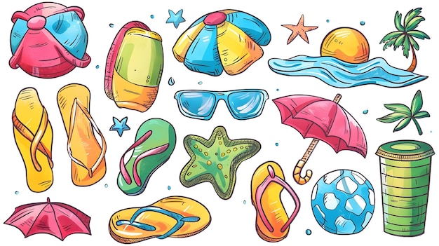 Vibranti disegni a mano di accessori estivi per la spiaggia