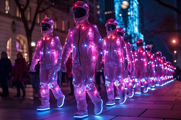 Vibranti figure a LED rosa e blu che sfilano attraverso l'ambientazione notturna urbana