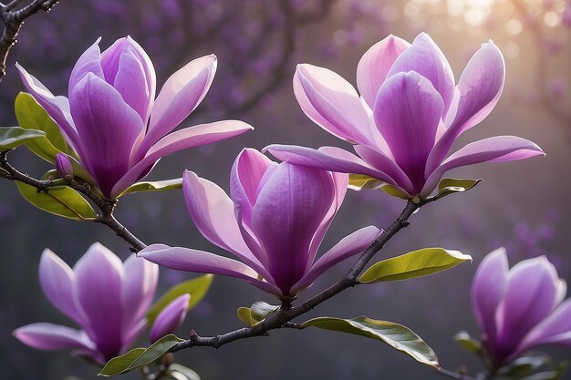Vibranti fiori di magnolia viola nella luce mattutina generativa AI
