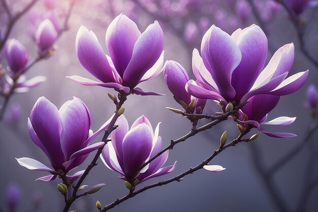 Vibranti fiori di magnolia viola nella luce mattutina generativa AI