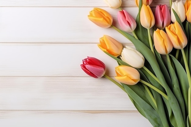 Vibranti fiori di tulipano che adornano lo spazio della copia del tavolo in legno bianco creato con strumenti di intelligenza artificiale generativa