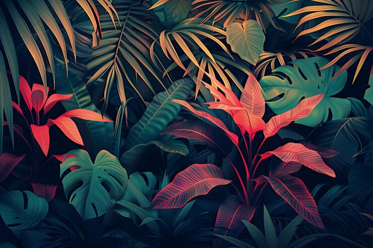 Foto vibranti foglie tropicali, fogliame verde rigoglioso e accenti rossi