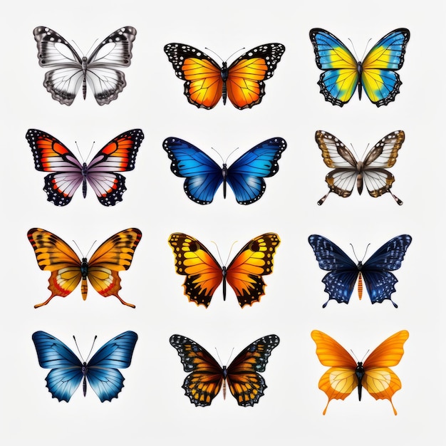 Vibranti illustrazioni di farfalle iperrealistiche su sfondo trasparente