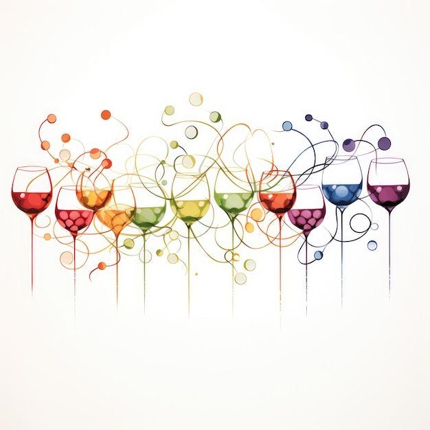 Vibranti illustrazioni di vino e uva su uno sfondo bianco semplice