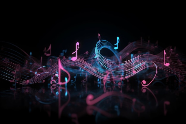 Vibranti note musicali rosa e blu su uno sfondo scuro IA generativa