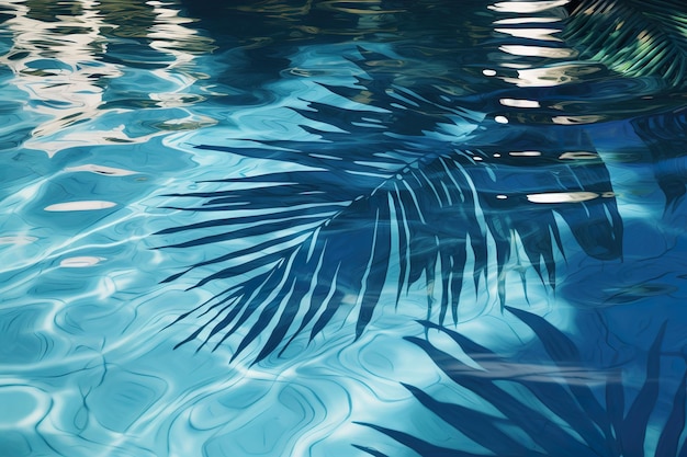 Vibranti ombre di foglie di palma giocano sulla superficie di una tranquilla piscina illuminata dal sole con acqua blu sfondo di vacanza vacanza spazio di copia vuoto per il testo IA generativa