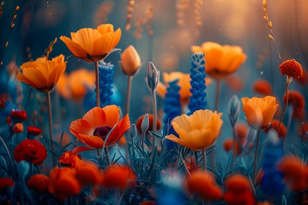 Vibranti papaveri arancioni che fioriscono in un campo illuminato dal sole con fiori selvatici blu e sfondo bokeh