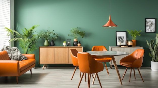 Vibranti sedie arancioni contro le pareti verdi in una sala da pranzo moderna