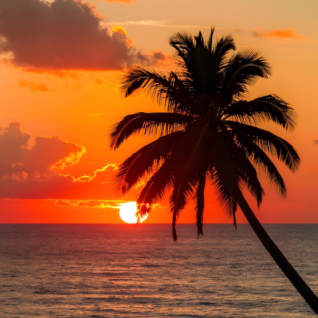 Vibranti silhouette di tramonto, palme in un tranquillo paesaggio marino caraibico per i social media