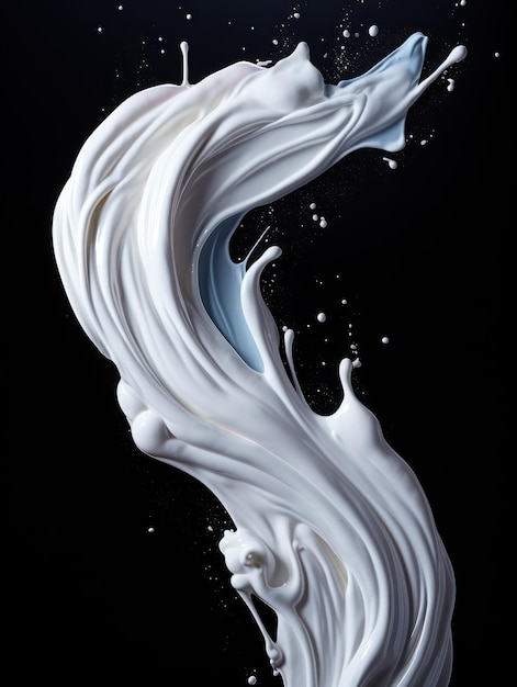Vibranti spruzzi di yogurt in mezzo all'aria su uno sfondo di studio nero isolato