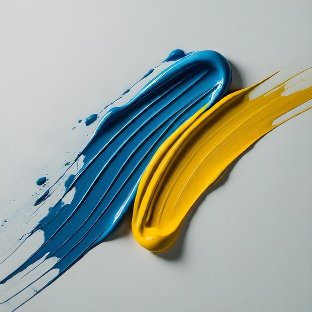 Vibranti tratti di pittura ad olio giallo e blu su uno sfondo bianco