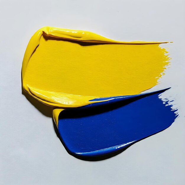 Vibranti tratti di pittura ad olio giallo e blu su uno sfondo bianco