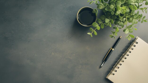 vibrazione d'ufficio serena con una foto sopra di una pianta verde notebook e penna su uno sfondo grigio