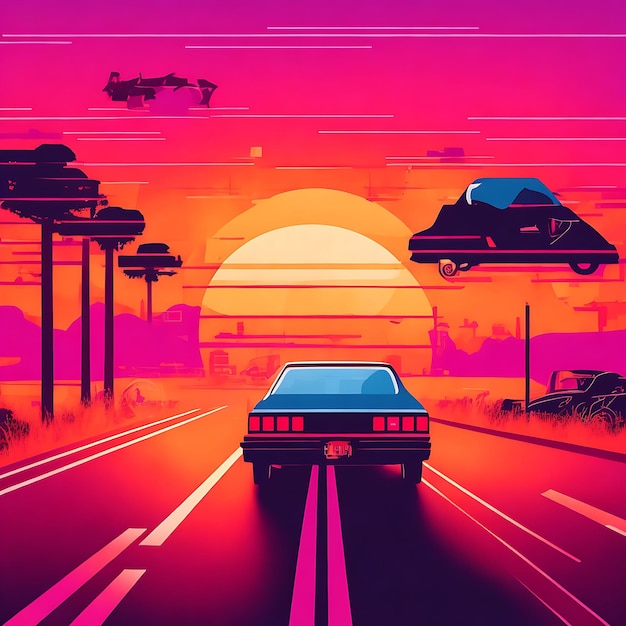 Vibrazioni estive illustrazione in stile anni '80 con guida in auto verso il tramonto IA generativa