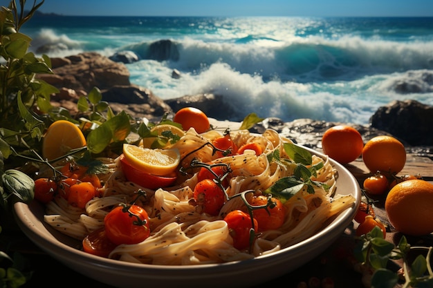 Vibrazioni mediterranee pasta cruda pomodorini e peperoni serenità marittima