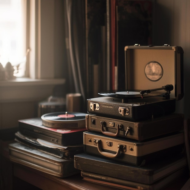 Vibrazioni nostalgiche Uno scatto accattivante di un giradischi vintage con una pila di dischi in vinile in una Co