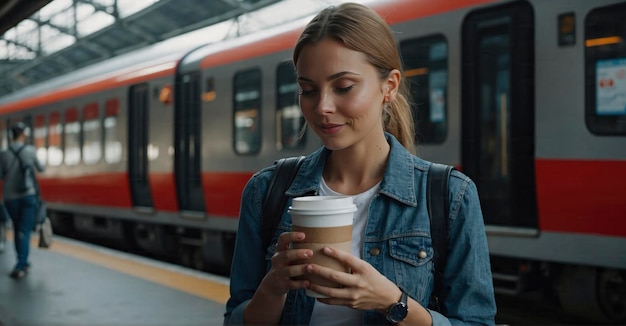 Vibrazioni positive Donna aspetta con il caffè e il telefono alla stazione