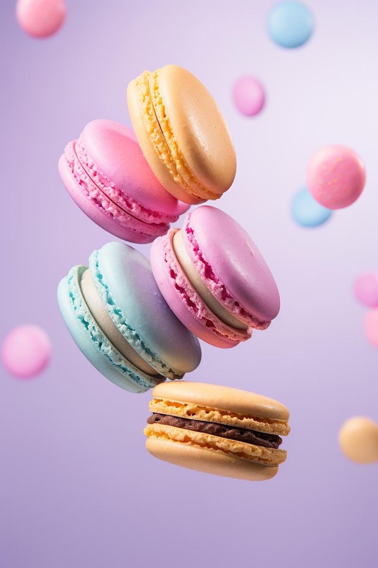 Foto vicino a quattro macaroons che volano in aria