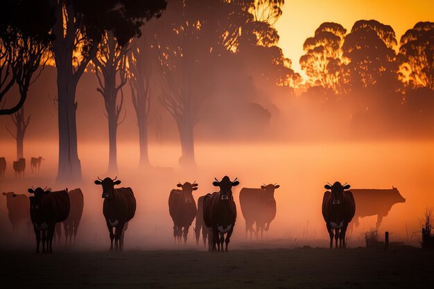 Vicino a un ambiente rurale si può vedere una mandria di mucche all'alba a Morpeth NSW Australia