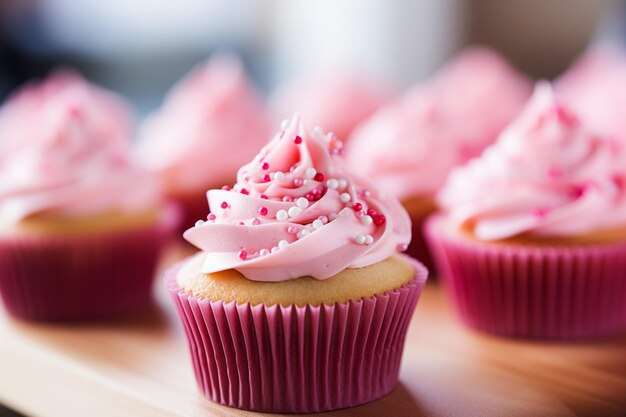 Vicino ai deliziosi cupcake rosa