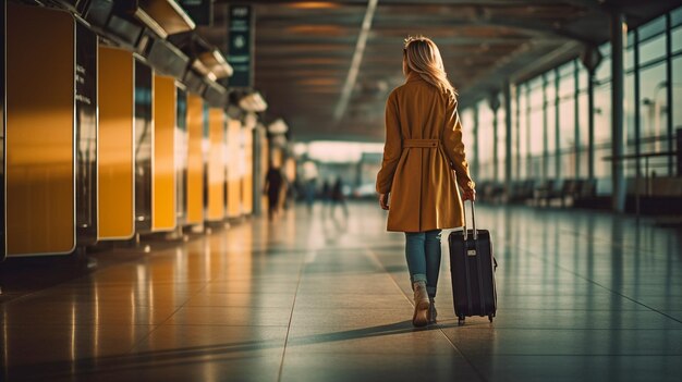 Vicino al terminal dell'aeroporto si vede una viaggiatrice che trasporta bagagli IA generativa