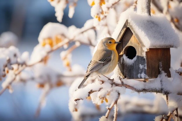 vicino alla casa degli uccelli in una giornata gelida e soleggiata